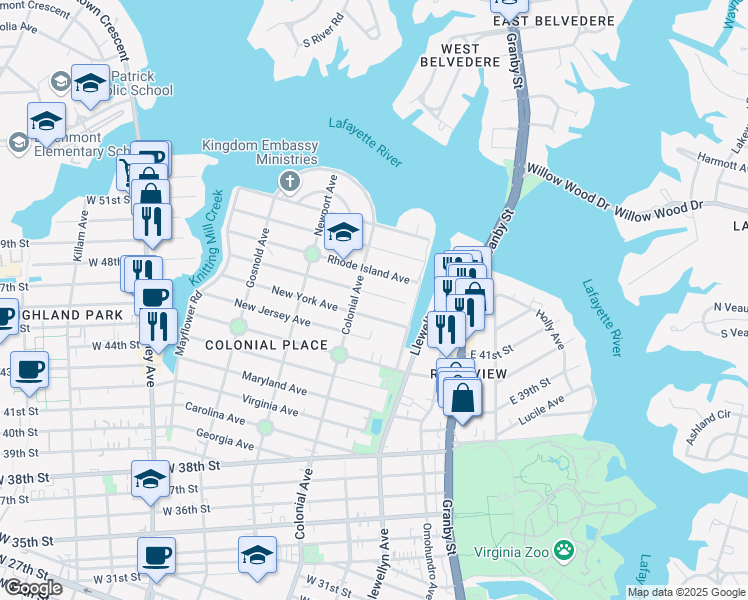 map of restaurants, bars, coffee shops, grocery stores, and more near 4808 Colonial Avenue in Norfolk