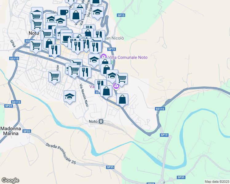 map of restaurants, bars, coffee shops, grocery stores, and more near 54 Via Napoli in Noto
