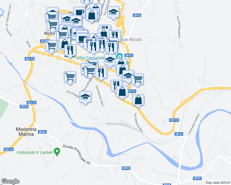 map of restaurants, bars, coffee shops, grocery stores, and more near 83 Viale Principe di Piemonte in Noto