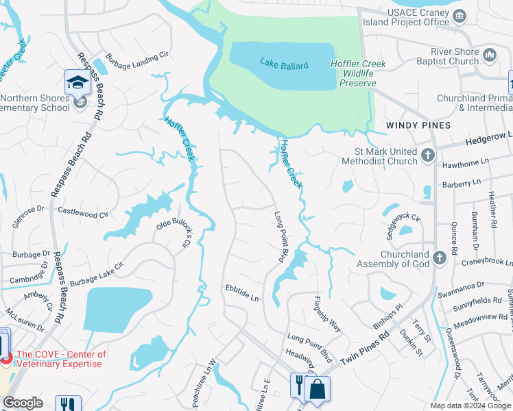 map of restaurants, bars, coffee shops, grocery stores, and more near 4014 Stowaway Lane in Portsmouth