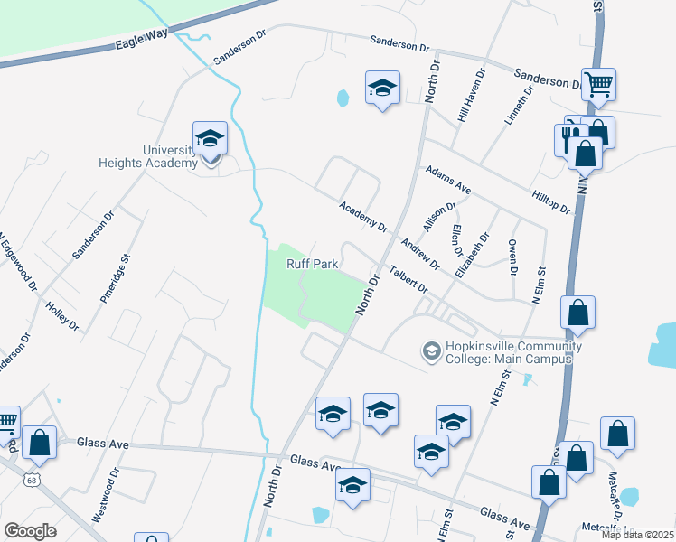 map of restaurants, bars, coffee shops, grocery stores, and more near Litchfield Drive in Hopkinsville
