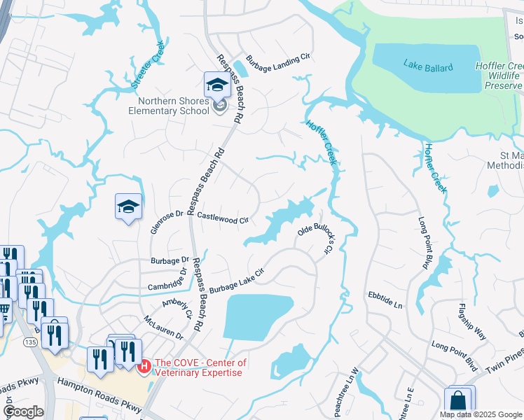 map of restaurants, bars, coffee shops, grocery stores, and more near 6718 Castlewood Circle in Suffolk