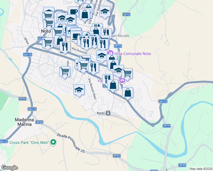 map of restaurants, bars, coffee shops, grocery stores, and more near 83 Viale Principe di Piemonte in Noto
