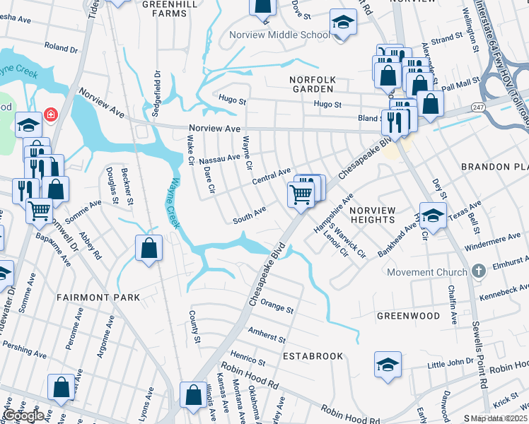 map of restaurants, bars, coffee shops, grocery stores, and more near 3754 Wayne Circle in Norfolk