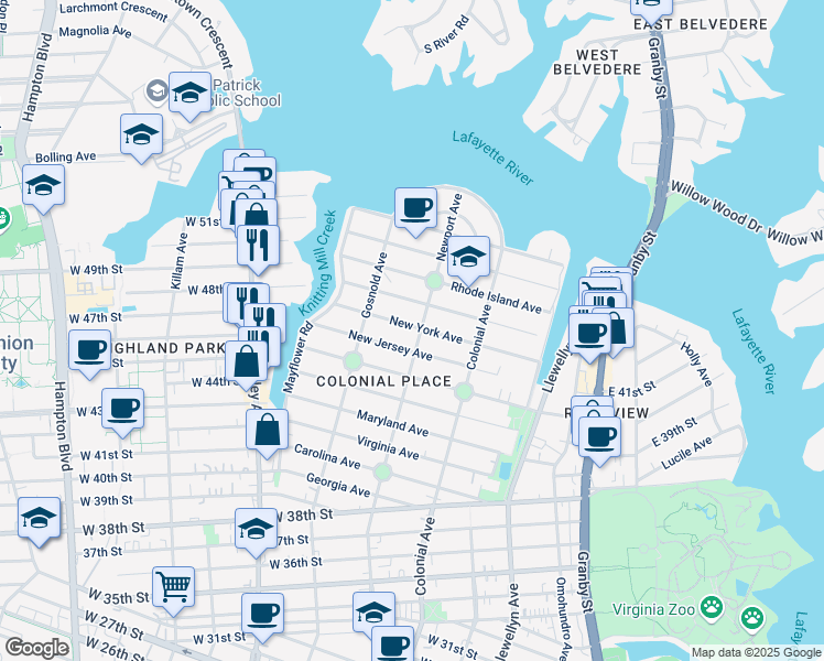 map of restaurants, bars, coffee shops, grocery stores, and more near 4715 Newport Avenue in Norfolk