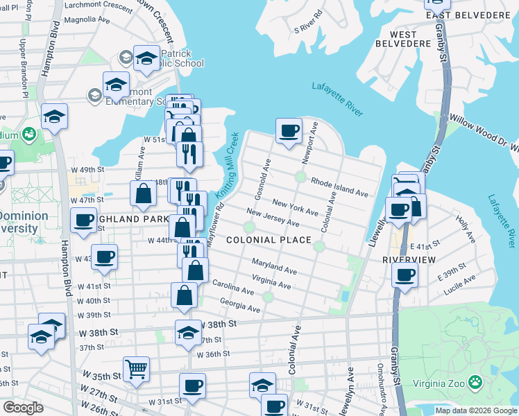 map of restaurants, bars, coffee shops, grocery stores, and more near 636 New York Avenue in Norfolk