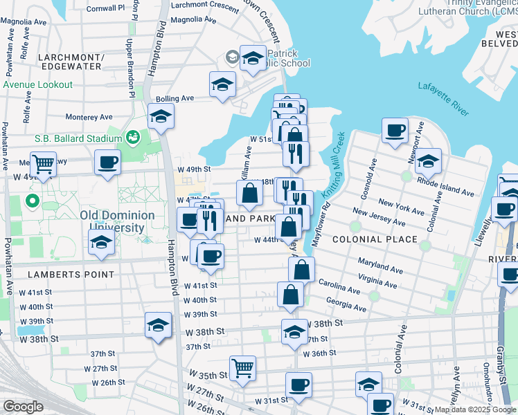 map of restaurants, bars, coffee shops, grocery stores, and more near in Norfolk