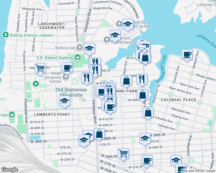 map of restaurants, bars, coffee shops, grocery stores, and more near in Norfolk