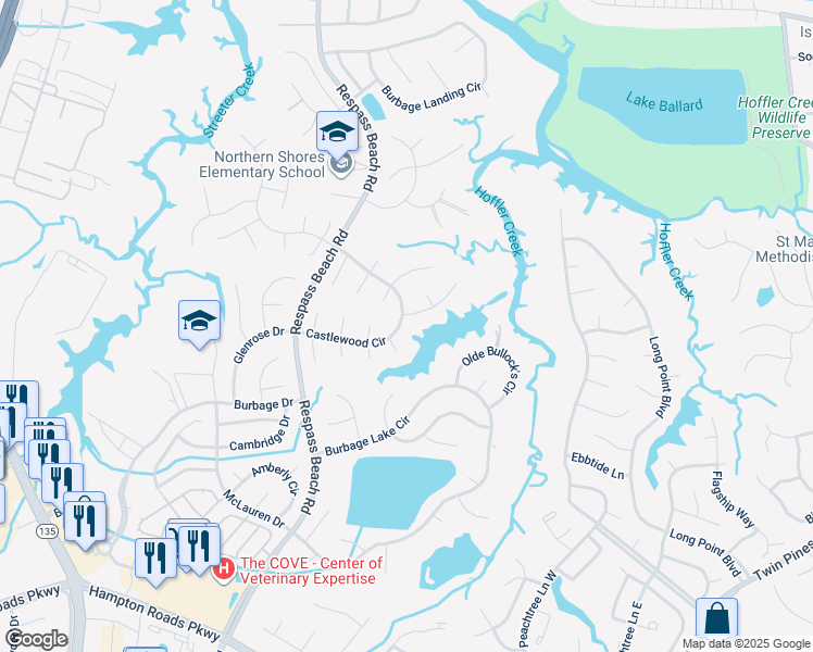 map of restaurants, bars, coffee shops, grocery stores, and more near 6718 Castlewood Circle in Suffolk