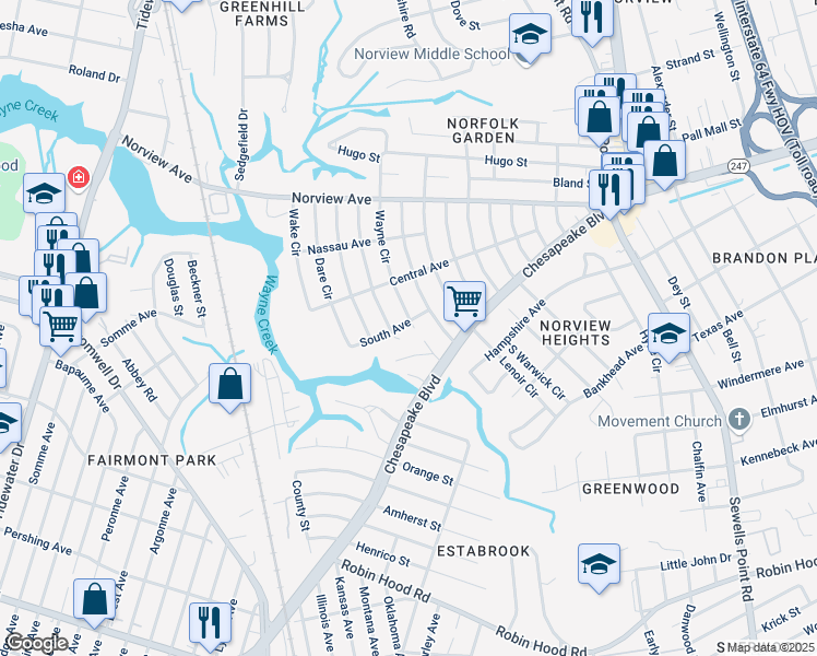 map of restaurants, bars, coffee shops, grocery stores, and more near 3754 Wayne Circle in Norfolk