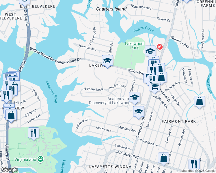 map of restaurants, bars, coffee shops, grocery stores, and more near 3524 Norway Place in Norfolk
