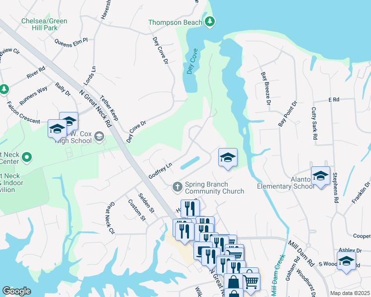 map of restaurants, bars, coffee shops, grocery stores, and more near 1555 Godfrey Lane in Virginia Beach