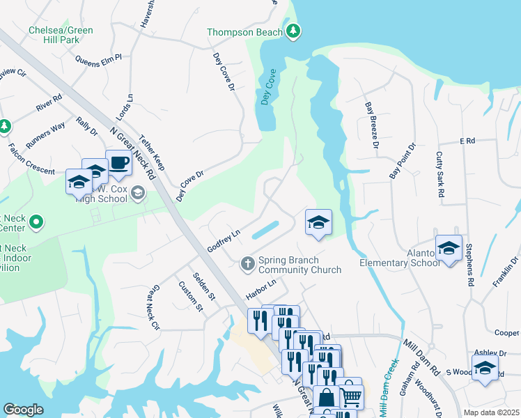 map of restaurants, bars, coffee shops, grocery stores, and more near 1555 Godfrey Lane in Virginia Beach