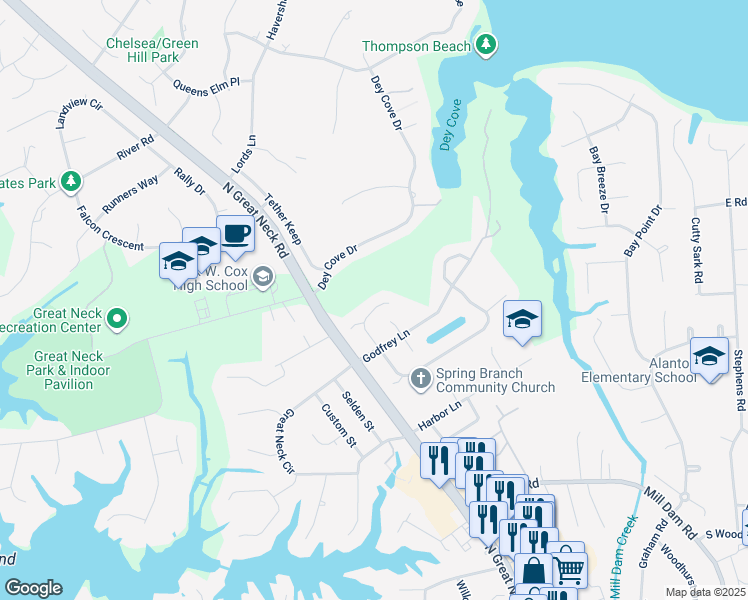 map of restaurants, bars, coffee shops, grocery stores, and more near 1529 Mirassou Lane in Virginia Beach