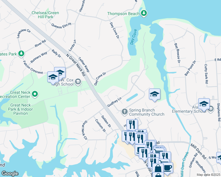 map of restaurants, bars, coffee shops, grocery stores, and more near 1529 Mirassou Lane in Virginia Beach