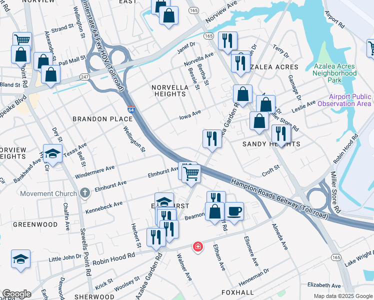 map of restaurants, bars, coffee shops, grocery stores, and more near 5233 Windermere Avenue in Norfolk