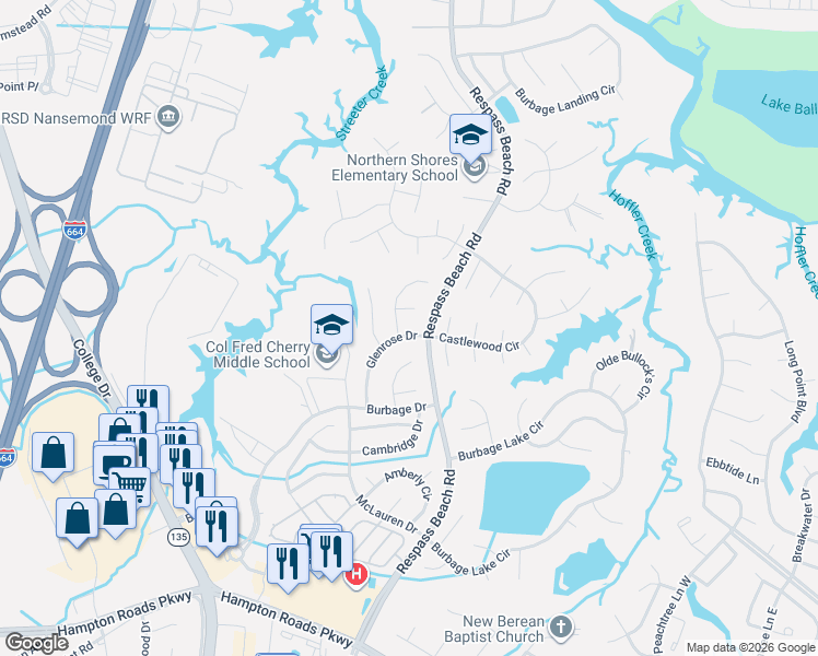 map of restaurants, bars, coffee shops, grocery stores, and more near 6409 Coxley Lane in Suffolk