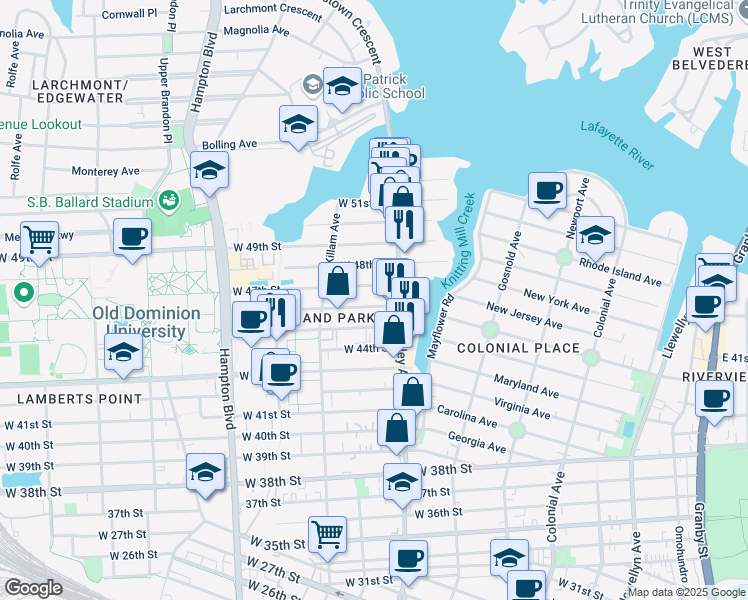 map of restaurants, bars, coffee shops, grocery stores, and more near 818 West 47th Street in Norfolk