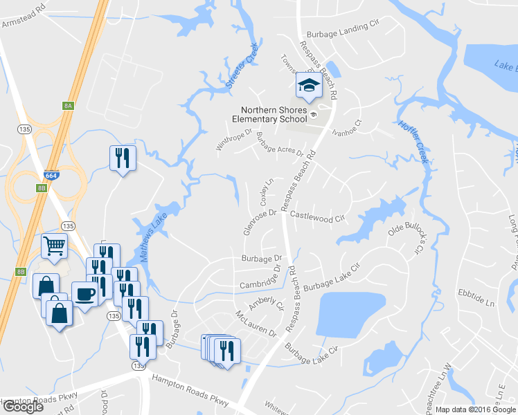 map of restaurants, bars, coffee shops, grocery stores, and more near 6403 Coxley Lane in Suffolk