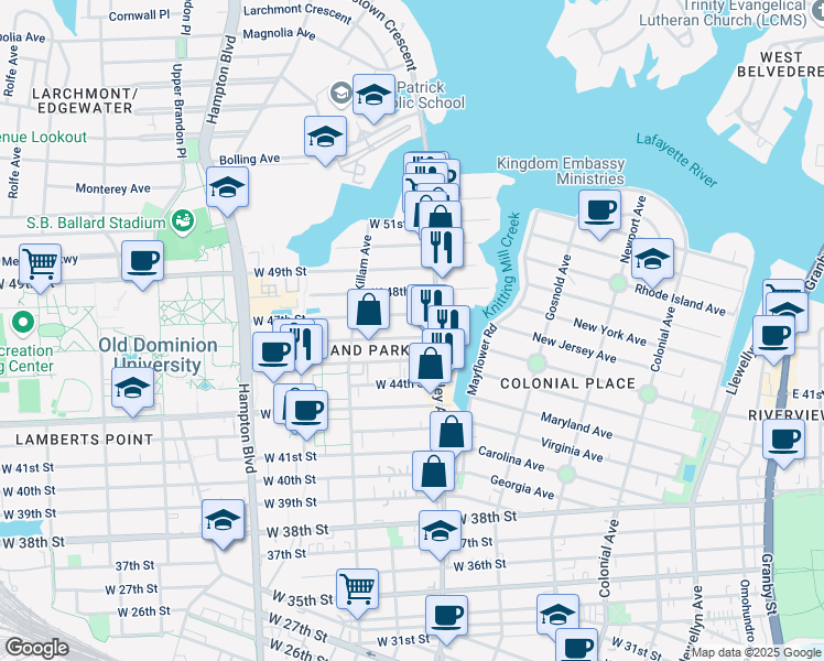 map of restaurants, bars, coffee shops, grocery stores, and more near 826 West 46th Street in Norfolk