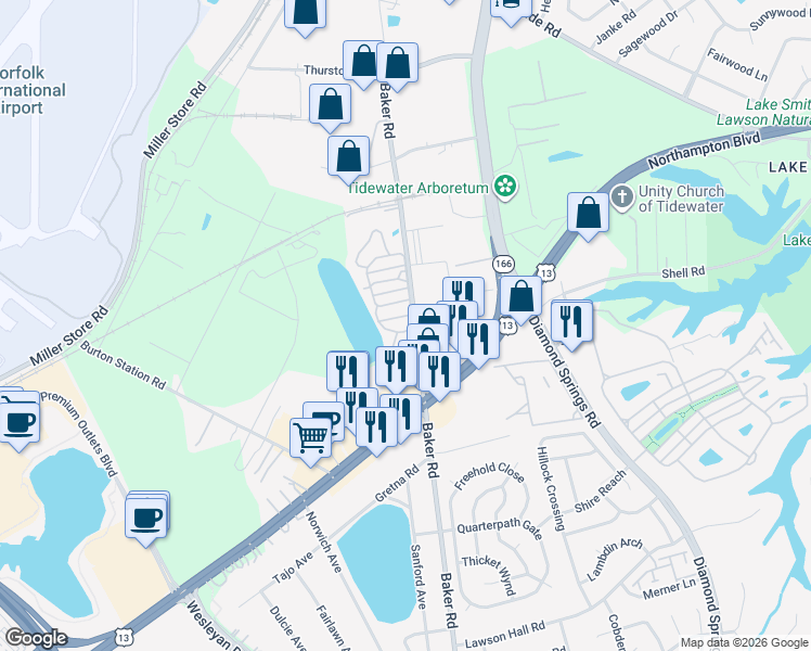 map of restaurants, bars, coffee shops, grocery stores, and more near 1244 Baker Road in Virginia Beach