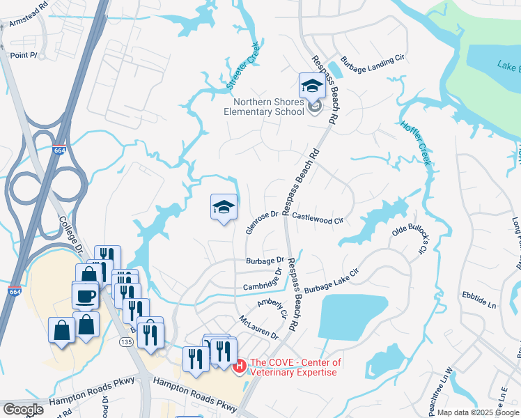 map of restaurants, bars, coffee shops, grocery stores, and more near 6403 Coxley Lane in Suffolk