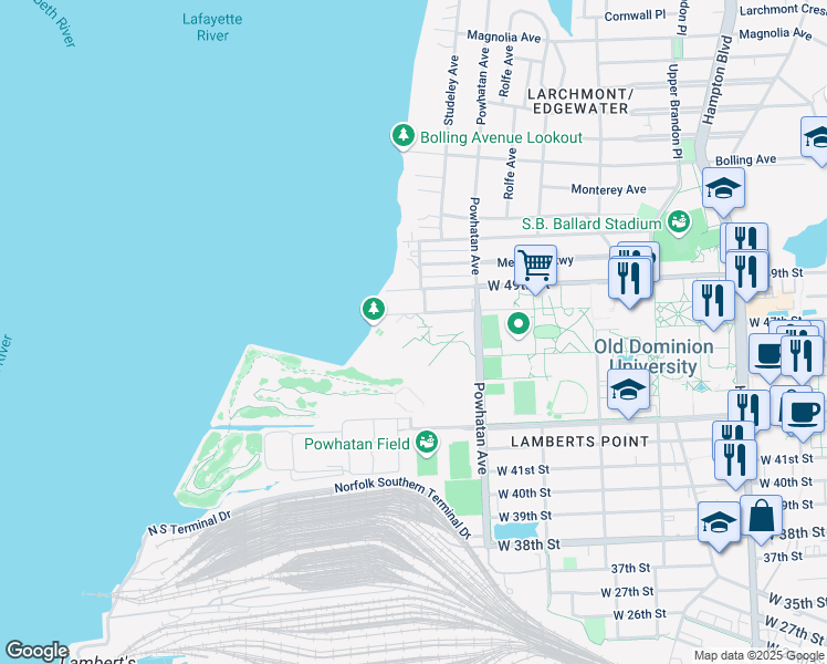 map of restaurants, bars, coffee shops, grocery stores, and more near 1715 West 48th Street in Norfolk