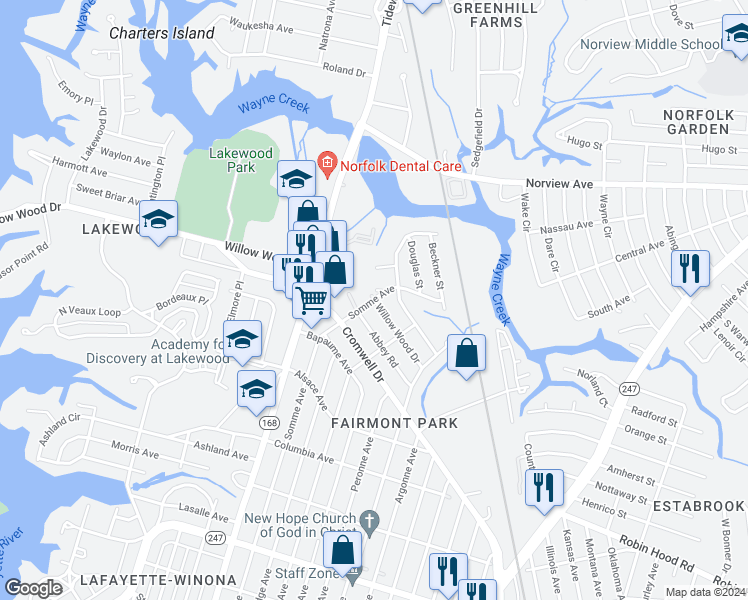 map of restaurants, bars, coffee shops, grocery stores, and more near 2101 Willow Wood Drive in Norfolk