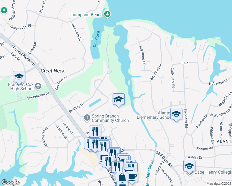 map of restaurants, bars, coffee shops, grocery stores, and more near 2205 Sisters Walk Court in Virginia Beach
