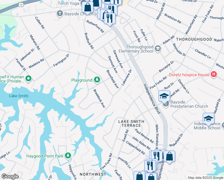 map of restaurants, bars, coffee shops, grocery stores, and more near 1404 Shamrock Avenue in Virginia Beach