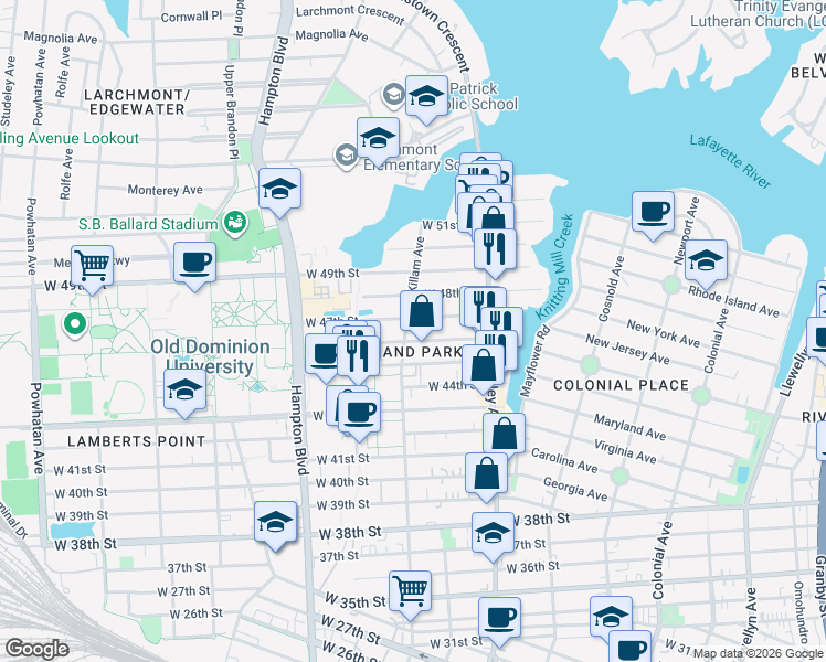 map of restaurants, bars, coffee shops, grocery stores, and more near 4606 Killam Avenue in Norfolk