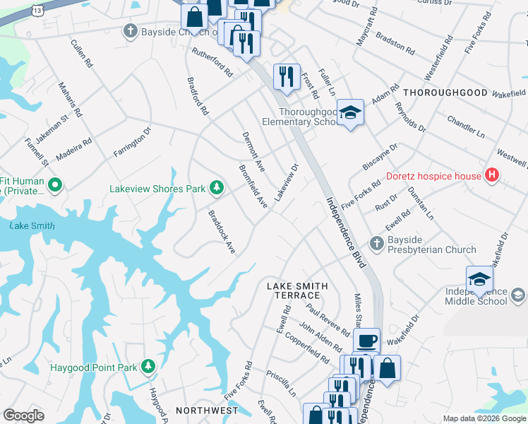 map of restaurants, bars, coffee shops, grocery stores, and more near 4800 Bromfield Avenue in Virginia Beach