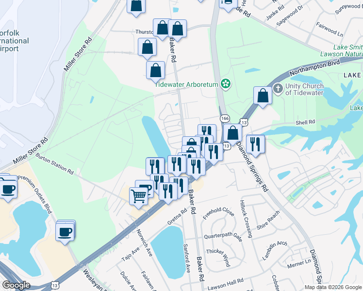 map of restaurants, bars, coffee shops, grocery stores, and more near 1244 Baker Road in Virginia Beach