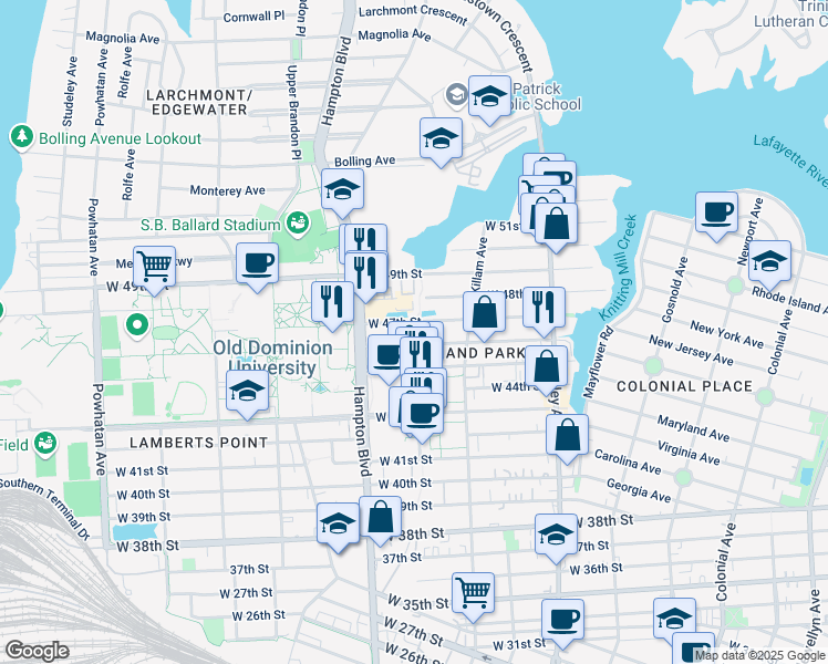 map of restaurants, bars, coffee shops, grocery stores, and more near 1045 West 47th Street in Norfolk