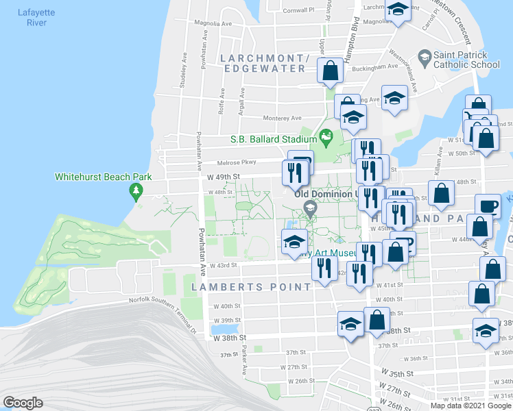 map of restaurants, bars, coffee shops, grocery stores, and more near 4603 Elkhorn Avenue in Norfolk
