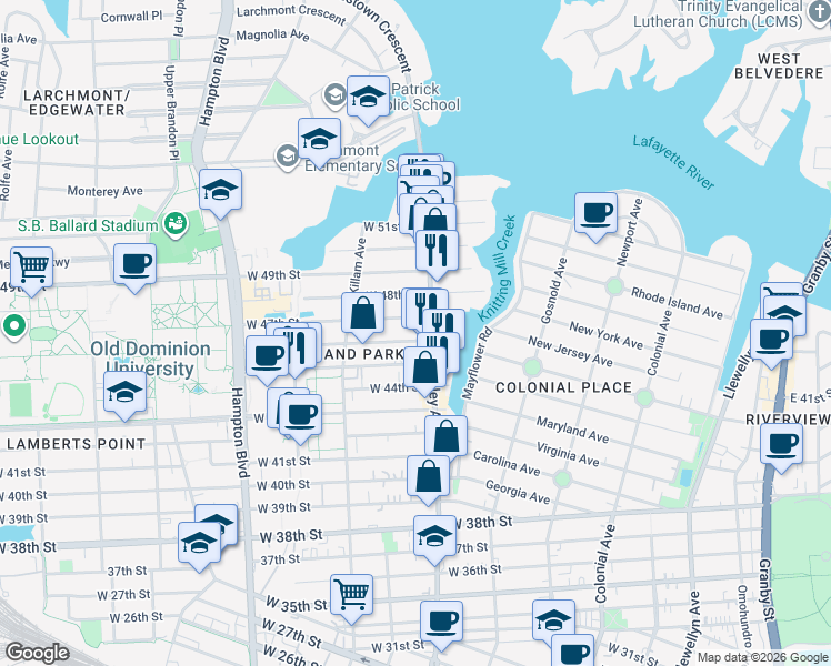 map of restaurants, bars, coffee shops, grocery stores, and more near 814 West 46th Street in Norfolk