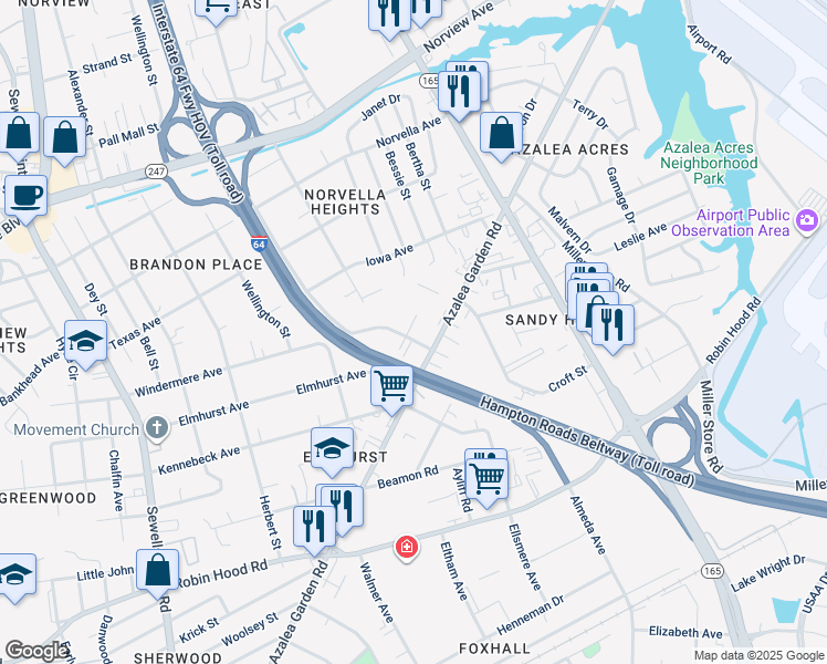 map of restaurants, bars, coffee shops, grocery stores, and more near 5256 Windermere Avenue in Norfolk