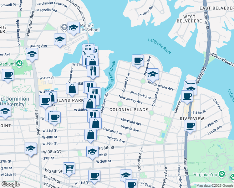 map of restaurants, bars, coffee shops, grocery stores, and more near 714 New Jersey Avenue in Norfolk