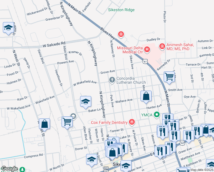 map of restaurants, bars, coffee shops, grocery stores, and more near 110 East Wakefield Avenue in Sikeston