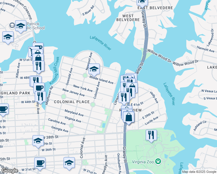 map of restaurants, bars, coffee shops, grocery stores, and more near 420 Connecticut Avenue in Norfolk