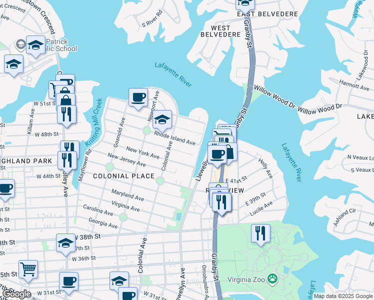 map of restaurants, bars, coffee shops, grocery stores, and more near 420 Connecticut Avenue in Norfolk