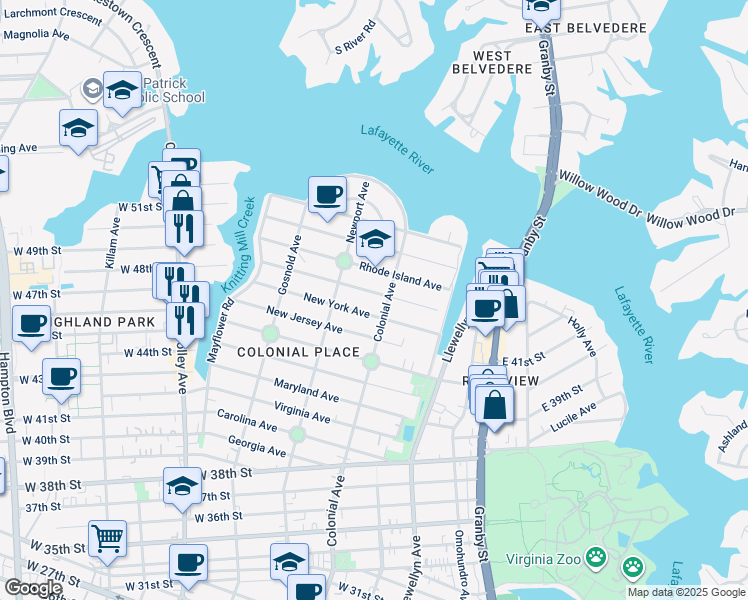 map of restaurants, bars, coffee shops, grocery stores, and more near 511 Connecticut Avenue in Norfolk