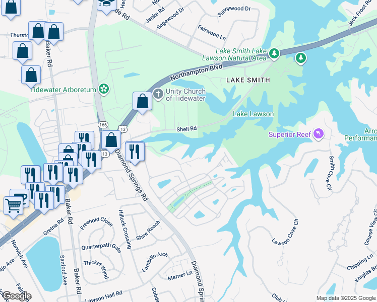 map of restaurants, bars, coffee shops, grocery stores, and more near 5531-5541 Shell Road in Virginia Beach