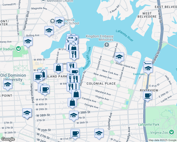 map of restaurants, bars, coffee shops, grocery stores, and more near 4600 Mayflower Road in Norfolk