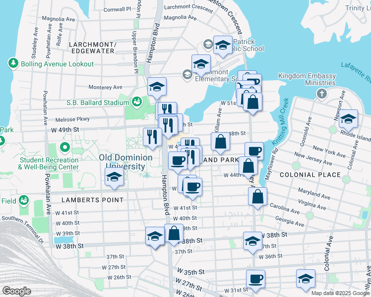 map of restaurants, bars, coffee shops, grocery stores, and more near 1045 West 47th Street in Norfolk