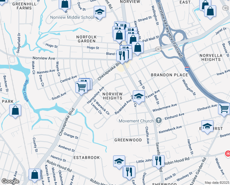 map of restaurants, bars, coffee shops, grocery stores, and more near 3624 Sharpley Avenue in Norfolk