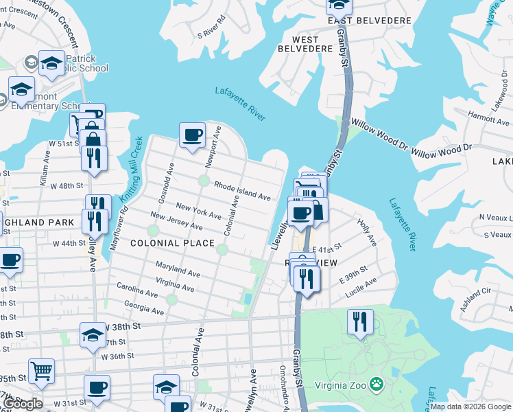 map of restaurants, bars, coffee shops, grocery stores, and more near 415 Rhode Island Avenue in Norfolk