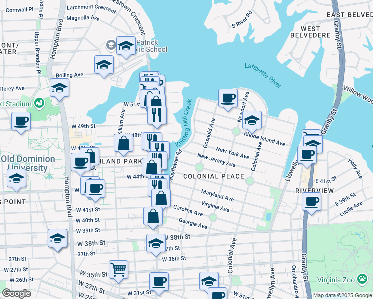 map of restaurants, bars, coffee shops, grocery stores, and more near 4600 Mayflower Road in Norfolk