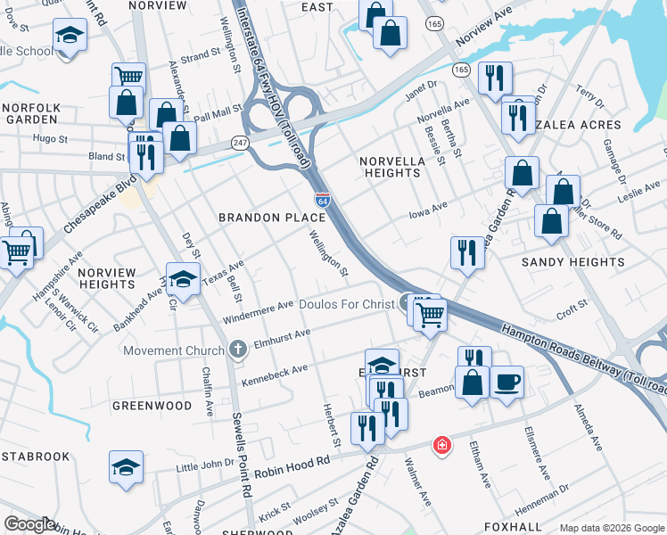 map of restaurants, bars, coffee shops, grocery stores, and more near 5107 Iowa Avenue in Norfolk