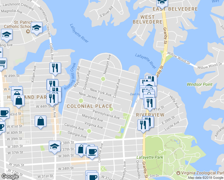 map of restaurants, bars, coffee shops, grocery stores, and more near 511 Connecticut Avenue in Norfolk